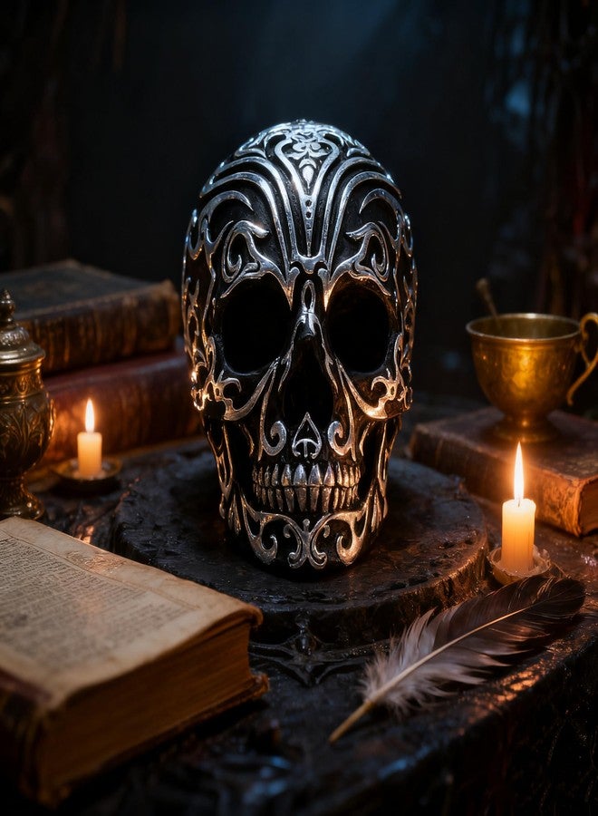 CHDL Realistic Resin Skull Head - 5.2 Inch Gothic Skeleton Skull Decor with Silver Patterns, Halloween Skull Decoration for Home, Office Desk, and Spooky Party Decor - Image 3